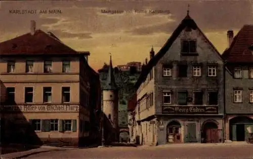 Ak Karlstadt am Main Unterfranken, Maingasse, Ruine Karlsburg, Hotel schwarzer Adler