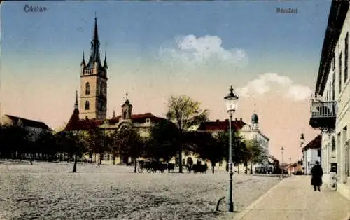 Ak Čáslav Tschaslau Mittelböhmen, Marktplatz, Kirchturm, Rathaus