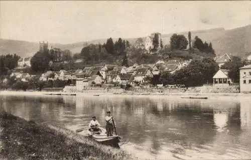 Ak Neckarsteinach im Kreis Bergstraße Hessen, Ruderboot, Flussufer