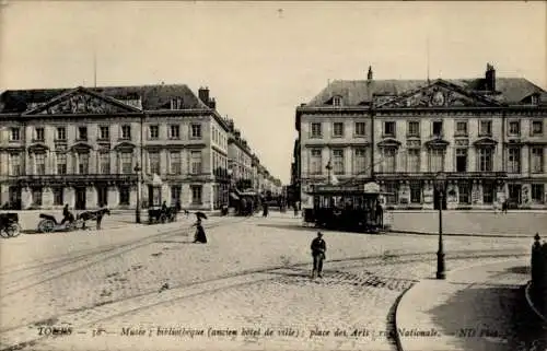 Ak Tours Indre et Loire, Rathaus, Museum, Bibliothek, Straßenbahn