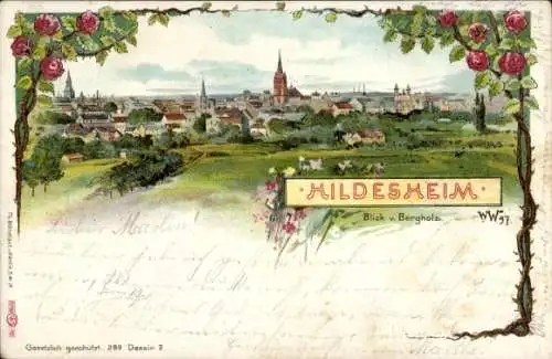 Litho Hildesheim in Niedersachsen, Blick v. Bergholz, Stadtpanorama