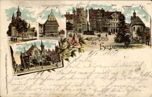 Litho Hildesheim in Niedersachsen, Dom, Rathaus, Knochenhaueramtshaus, Markt, Rosenstock