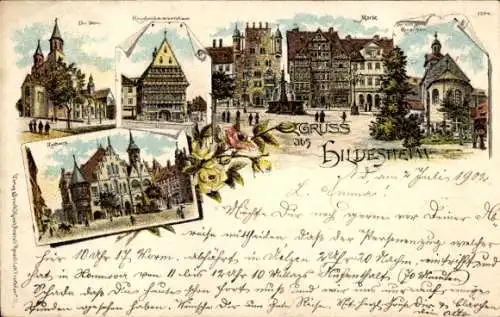 Litho Hildesheim in Niedersachsen, Dom, Rathaus, Knochenhaueramtshaus, Markt, Rosenstock