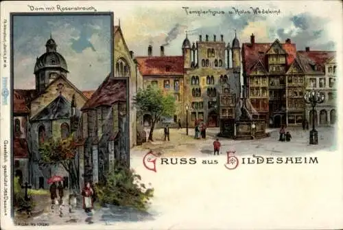 Künstler Litho Hildesheim in Niedersachsen, Dom mit Rosenstrauch, Templerhaus und Haus Wedekind