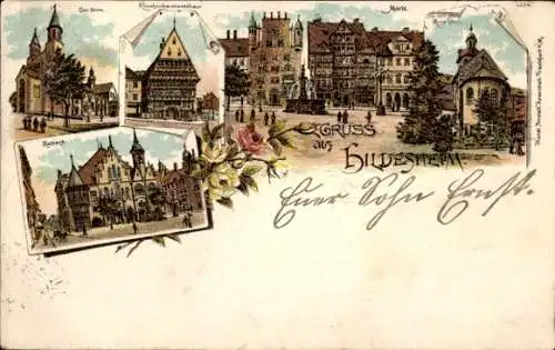 Litho Hildesheim in Niedersachsen, Dom, Rathaus, Knochenhaueramtshaus, Markt, Rosenstock