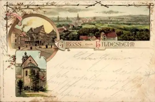 Litho Hildesheim Niedersachsen, Gesamtansicht, 1000 jähriger Rosenstock an der Kirche, Andreasplatz