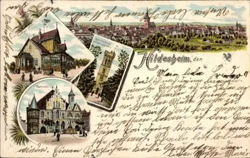 Litho Hildesheim in Niedersachsen, Gasthaus auf dem Galgenberg, Aussichtsturm, Rathaus, Panorama