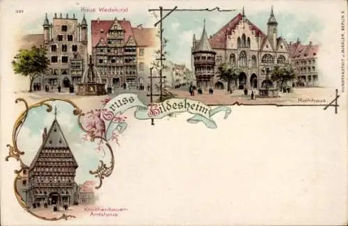 Litho Hildesheim in Niedersachsen, Haus Wedekind, Rathaus, Knochenhaueramtshaus