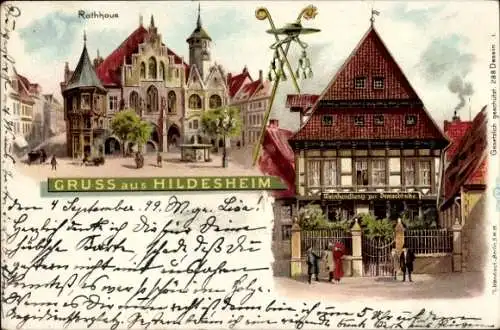 Litho Hildesheim in Niedersachsen, Rathaus, Weinhandlung zur Domschenke