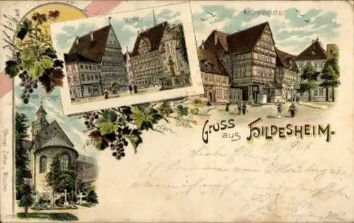 Litho Hildesheim in Niedersachsen, Markt, Andreasplatz, Tausendjähriger Rosenstock