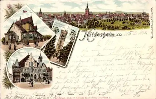 Litho Hildesheim in Niedersachsen, Gasthaus auf dem Galgenberg, Aussichtsturm, Rathaus, Panorama