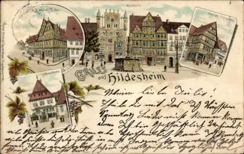 Litho Hildesheim in Niedersachsen, Altdeutsches Haus, Markt, Andreasplatz, Domschenke