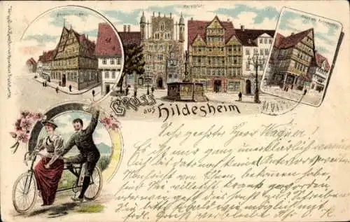 Litho Hildesheim in Niedersachsen, Altdeutsches Haus, Marktplatz, Tandem, Andreasplatz