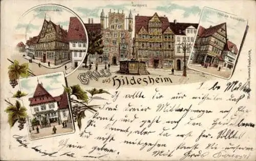 Litho Hildesheim Leine, Altdeutsches Haus, Markt, Domschenke, Andreasplatz