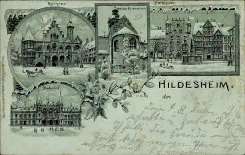 Winter Mondschein Litho Hildesheim in Niedersachsen, Rathaus, Marktplatz, Bahnhof, Rosenstock