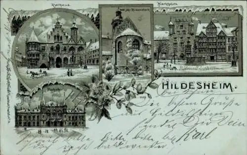 Winter Mondschein Litho Hildesheim in Niedersachsen, Rathaus, Marktplatz, Bahnhof, Rosenstock