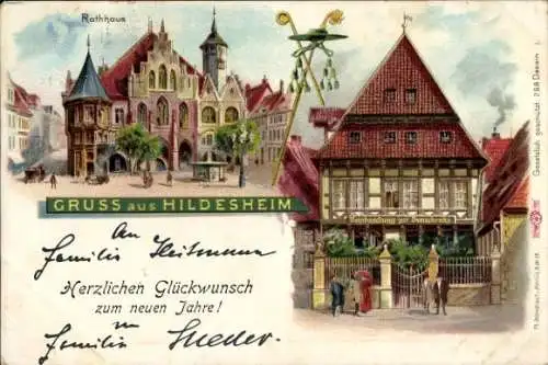 Litho Hildesheim in Niedersachsen, Rathaus, Weinhandlung zur Domschenke