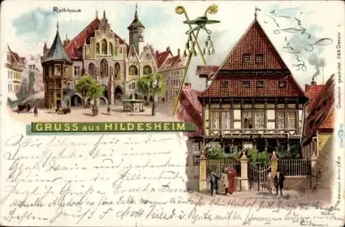 Litho Hildesheim in Niedersachsen, Rathaus, Weinhandlung zur Domschenke