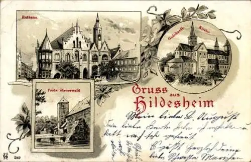 Litho Hildesheim in Niedersachsen, Rathaus, Feste Stenerwald, Pfarrkirche St. Godehard