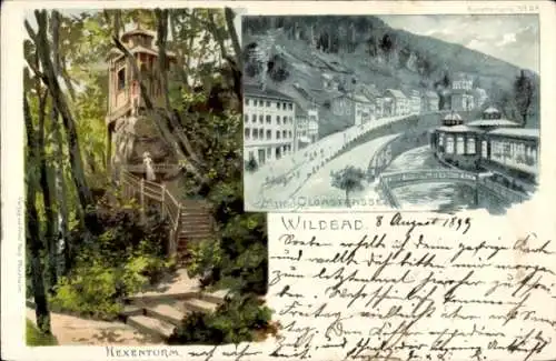 Künstler Litho Bad Wildbad im Schwarzwald, Olgastraße, Hexenturm