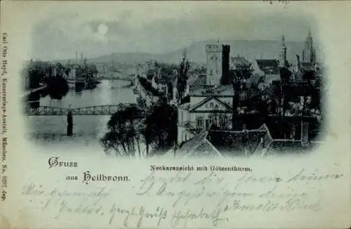 Mondschein Ak Heilbronn am Neckar, Neckaransicht, Götzenturm