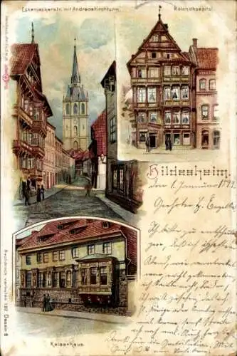 Litho Hildesheim in Niedersachsen, Rolandhospital, Kaiserhaus, Andreaskirchturm