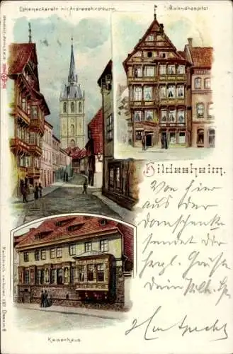 Litho Hildesheim in Niedersachsen, Rolandhospital, Kaiserhaus, Andreaskirchturm