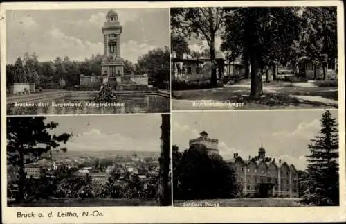Ak Bruck an der Leitha in Niederösterreich, Kriegerdenkmal, Schloss Prugg