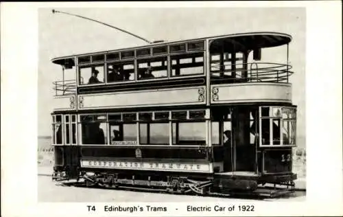 Ak Edinburgh Schottland, Edinburghs Straßenbahnen, Elektroauto von 1922