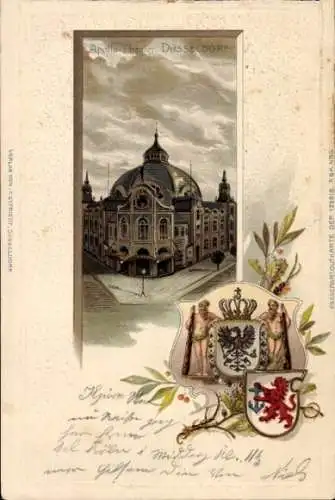 Präge Wappen Passepartout Litho Düsseldorf, Straßenansicht vom Apollo Theater