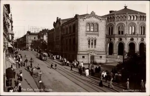 Ak Kristiania Christiania Oslo Norwegen, Fra Carl Johans Gade, Straßenbahn