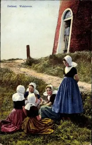 Ak Walcheren Zeeland, Mädchen in niederländischen Volkstrachten