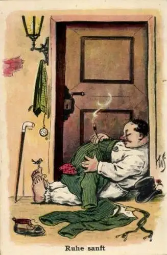 Künstler Ak Scheuermann, Willi, Ruhe sanft, betrunkener Mann schläft vor der Wohnungstür