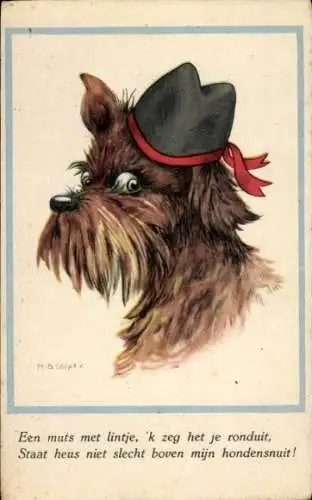 Künstler Ak Brauner Hund mit schwarzem Hut, Tierportrait