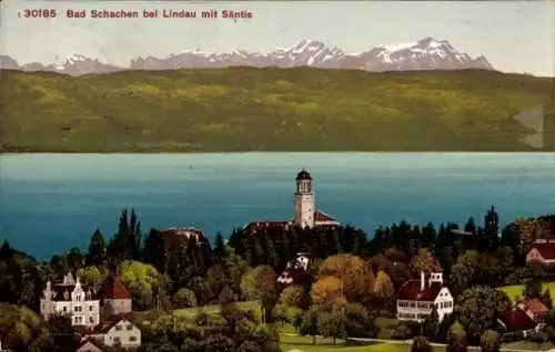 Ak Bad Schachen Lindau am Bodensee Schwaben, Teilansicht, Kirche, Säntis