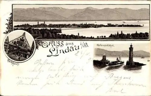 Litho Lindau am Bodensee Schwaben, Gesamtansicht, Hafeneinfahrt, Rathaus