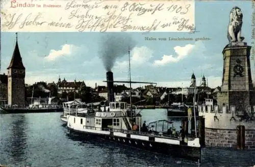 Ak Lindau am Bodensee Schwaben, Hafen, Blick vom Leuchtturm, Löwen-Statue