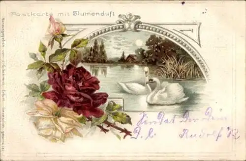 Präge Litho Schwäne, Teich, Rosen, Sonnenschein, Blumenduft