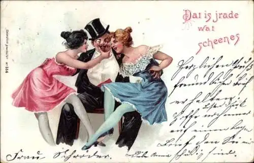 Litho Dat is jrade war scheenes, Zwei Frauen, Mann im Anzug, Zylinder, Kitsch