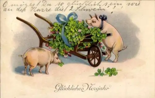 Ak Glückwunsch Neujahr, Zwei Schweine, Handkarren mit Kleeblättern