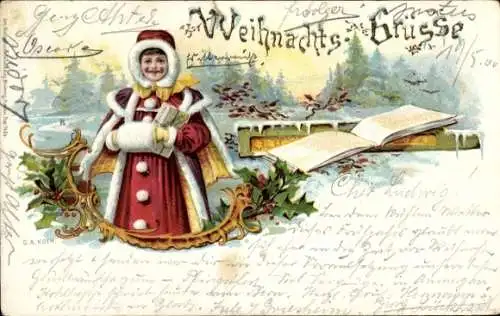 Litho Glückwunsch Weihnachten, Mädchen im Wintermantel, Buch