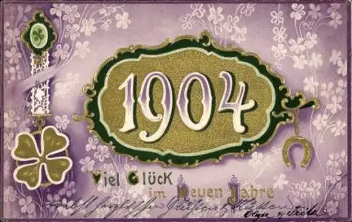 Litho Glückwunsch Neujahr, Jahreszahl 1904, Glücksklee, Hufeisen