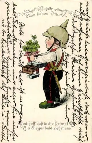Ak Glückwunsch Neujahr, Junge mit Pickelhaube und Schwert, Glücksklee
