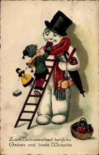 Ak Glückwunsch Neujahr, Schneemann, Leiter, Kind, Puppe