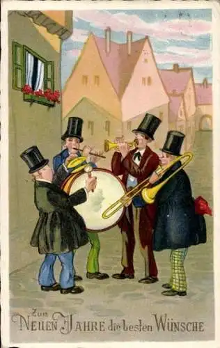 Ak Glückwunsch Neujahr, Trompete, dicke Musiker mit Zylinder