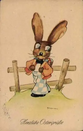 Künstler Ak Glückwunsch Ostern, Osterhase, Korb, Ostereier