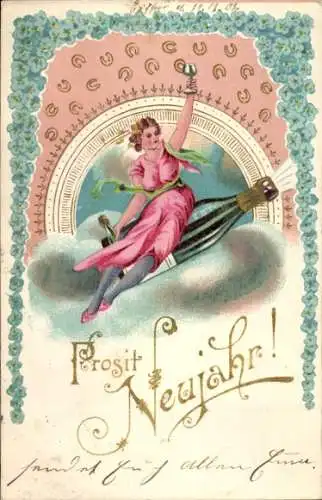 Litho Glückwunsch Neujahr, Frau mit Sektglas, Sektflasche, Blumen, Hufeisen