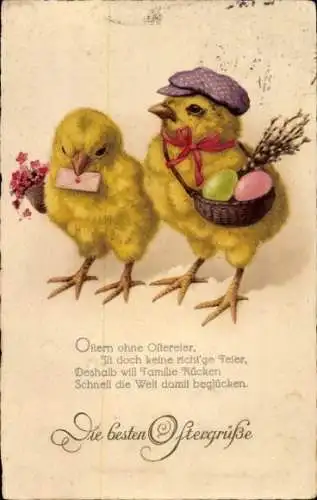Ak Glückwunsch Ostern, Küken, Ostereier, Weidenkätzchen, Korb