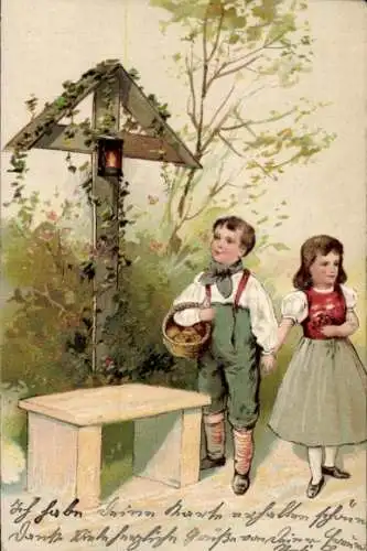 Präge Litho Kinder, Spaziergang, Korb, Früchte, Kerze