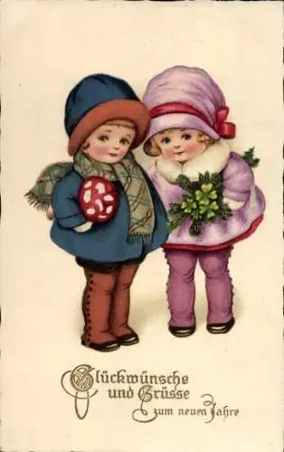 Ak Glückwunsch Neujahr, Mädchen, Glücksklee, Pilz